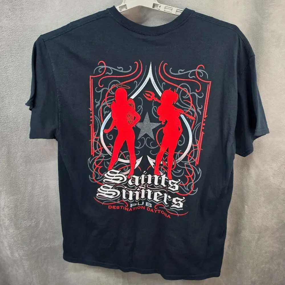 Saints & Sinners Pub Daytona Beach Pocket T Shirt Mens XL Biker Black Motorcycle